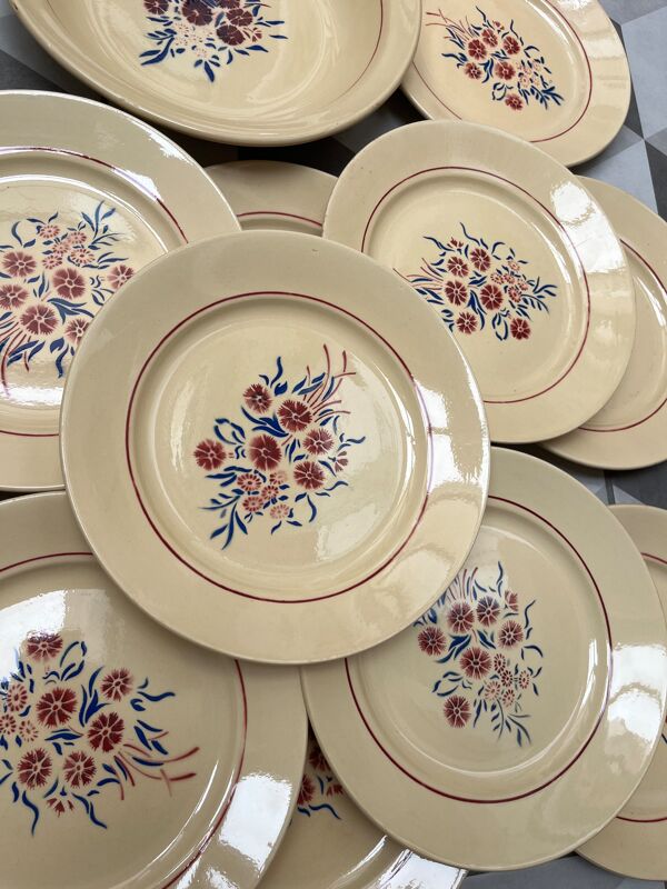 Set 12 assiettes plates « œillets » et plat Badonviller