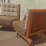 Pair of heaters 60s solid teak two-tone cushions