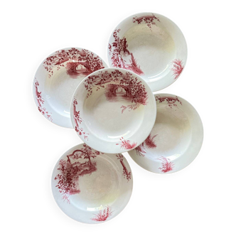 5 assiettes creuses en terre de fer rose