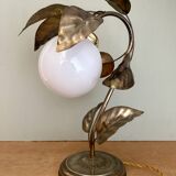 Vintage lamp with leaves in gilded brass and white opaline globe