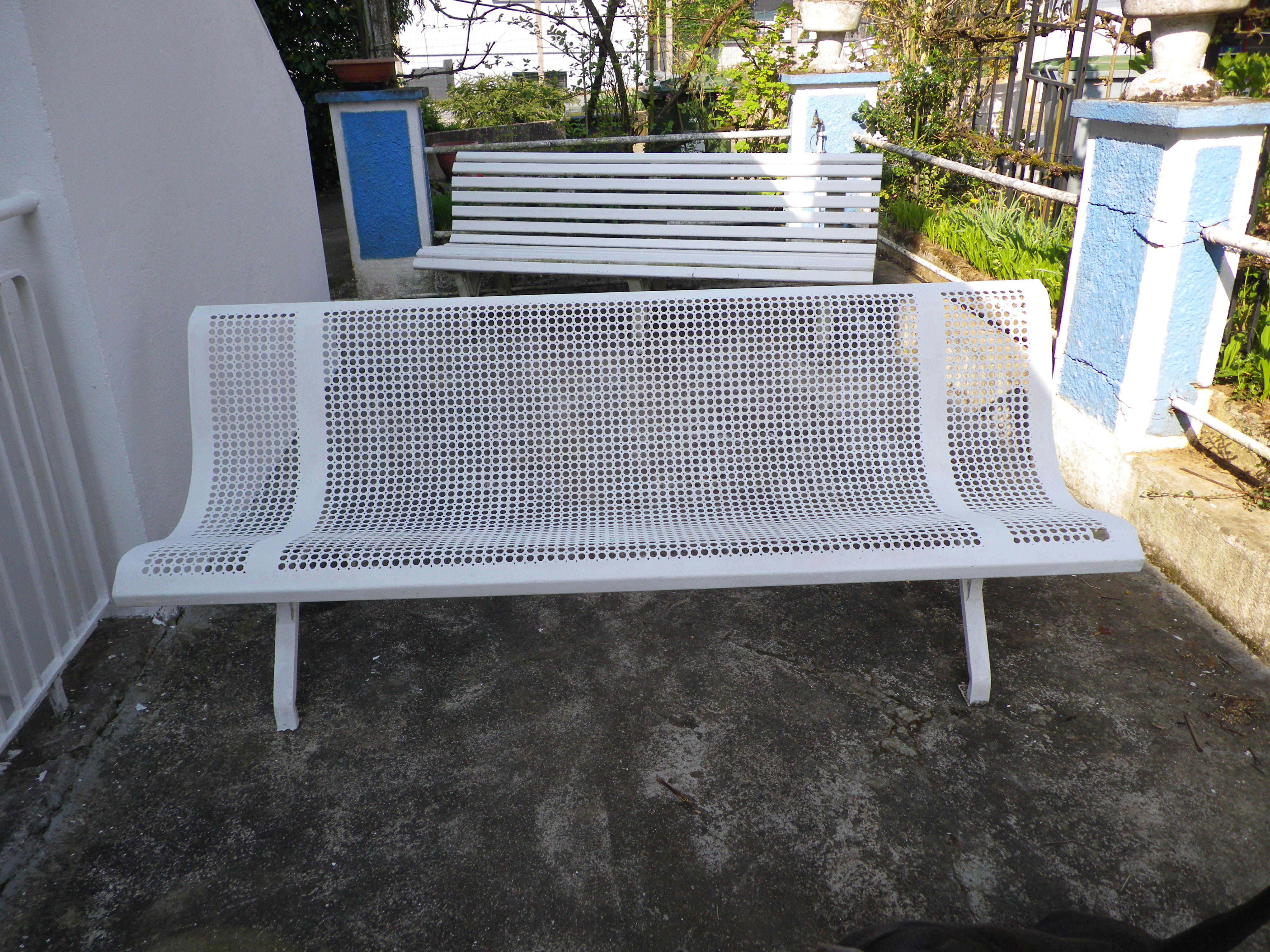 Old public wrought iron bench painted white - 50s
