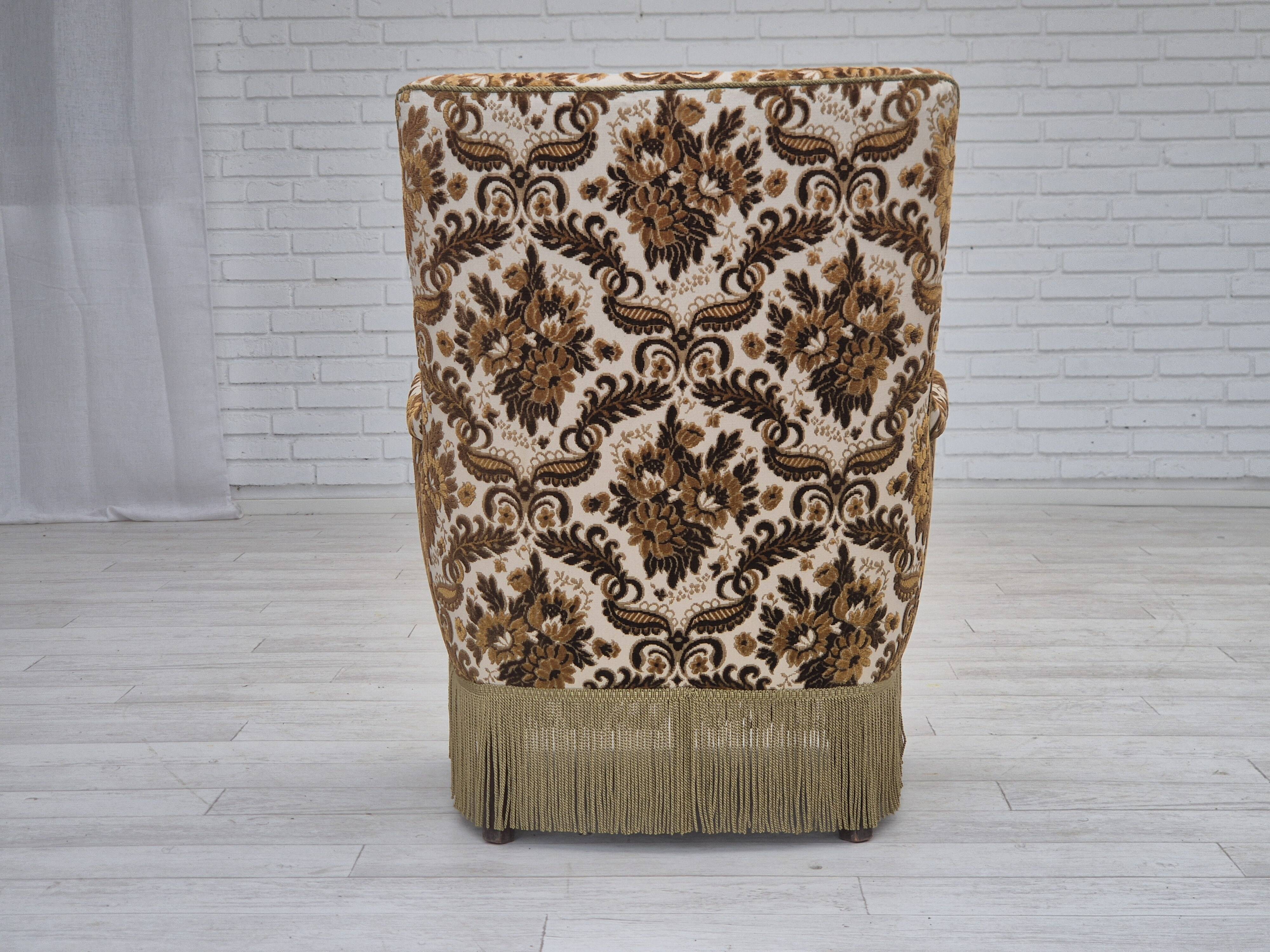 1960s, Danish highback armchair, furniture velour fabric, ash wood.