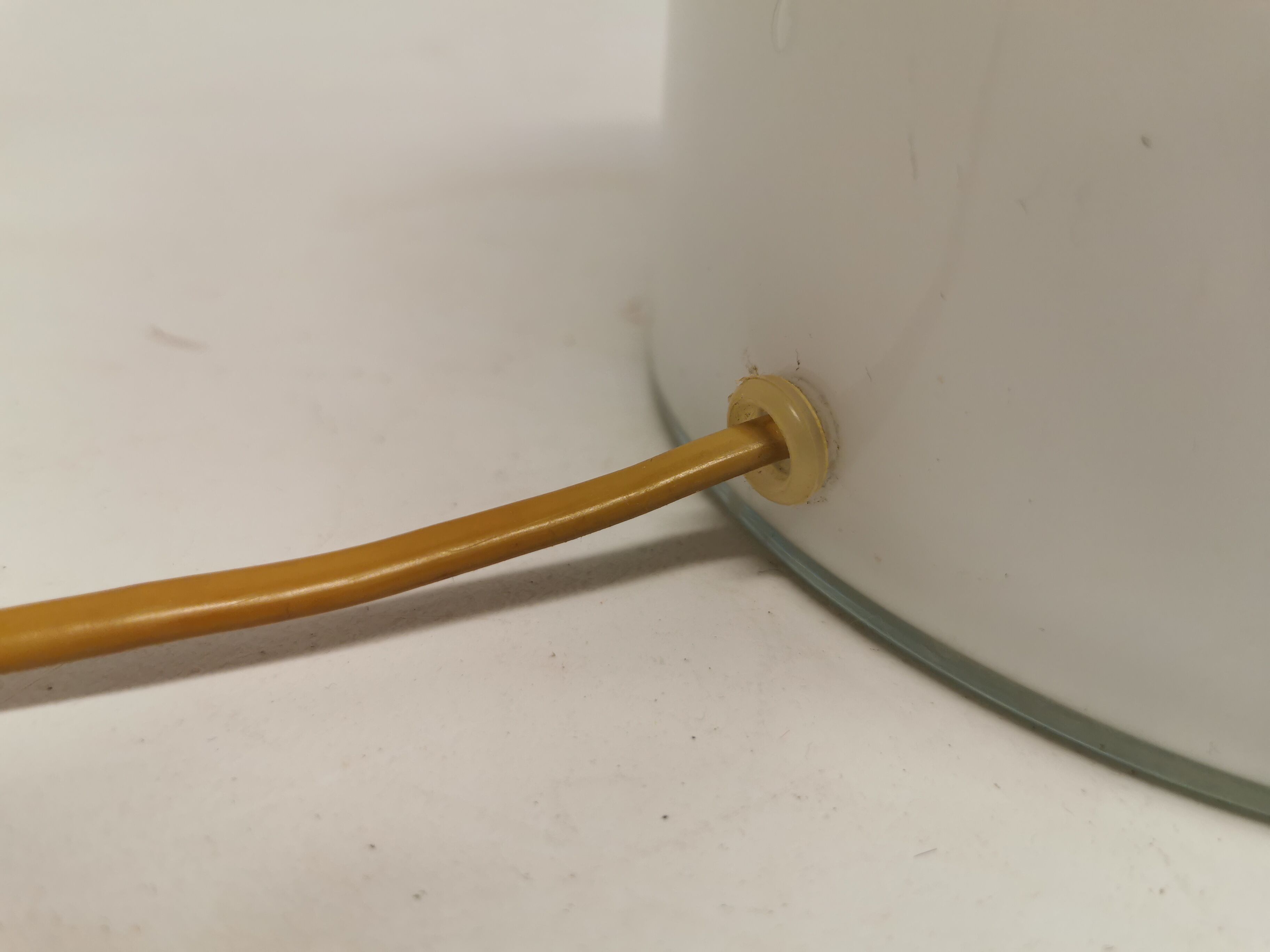 Older table lamp in milky white opaline glass with purple pattern / details from danish holmegaard.