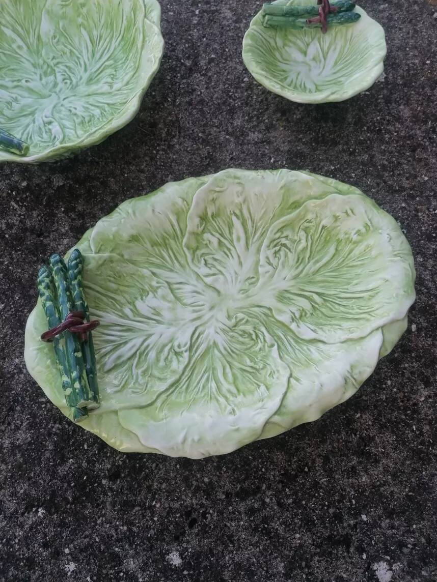 Set of 3 vintage asparagus and cabbage leaves slip dishes made in Italy