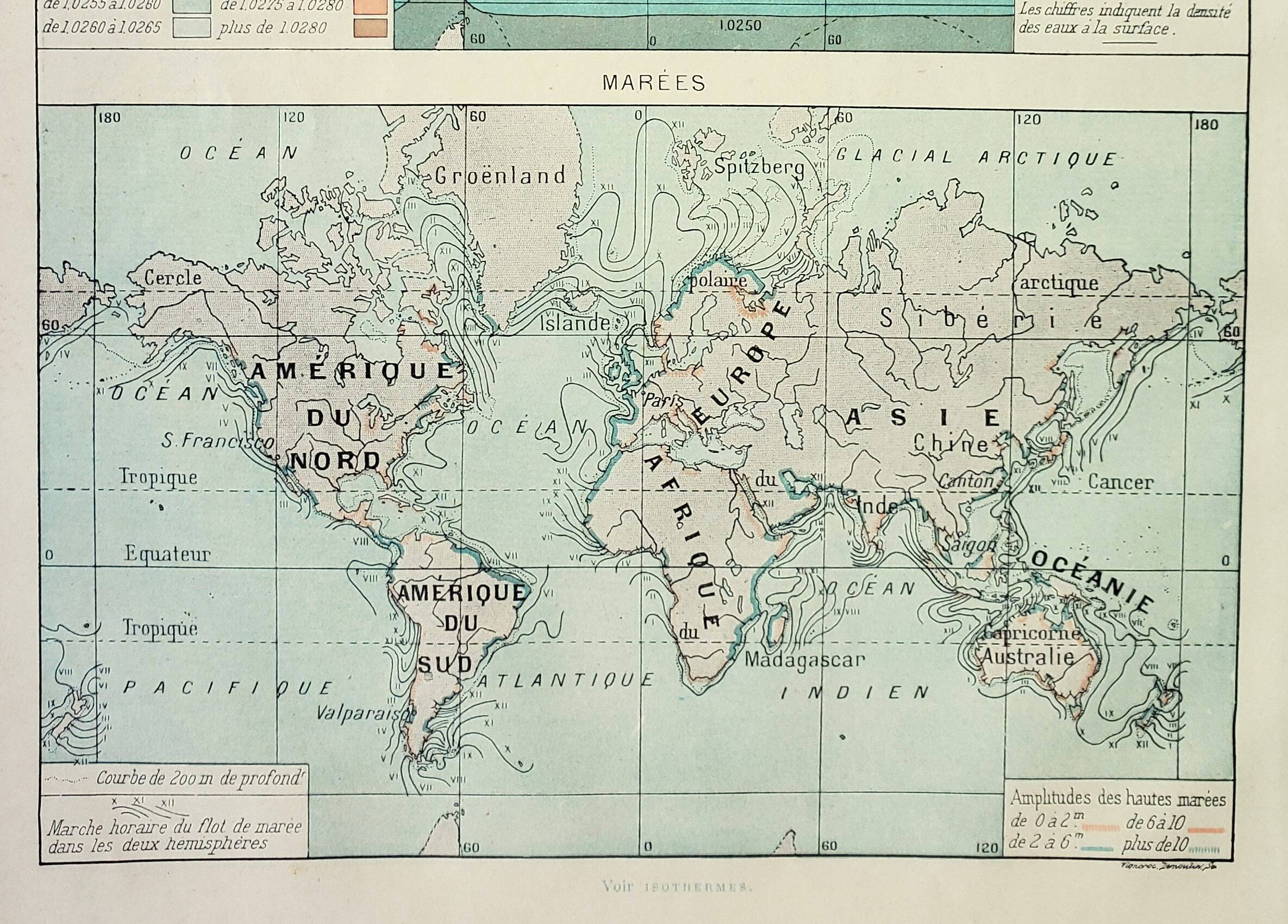Old engraving 1898, Tides and salinities, map • Lithograph, Original plate