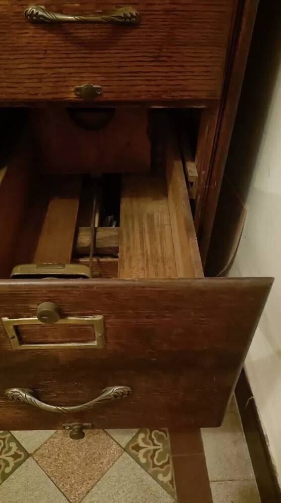 Antique column piece of furniture, oak notary drawer unit.