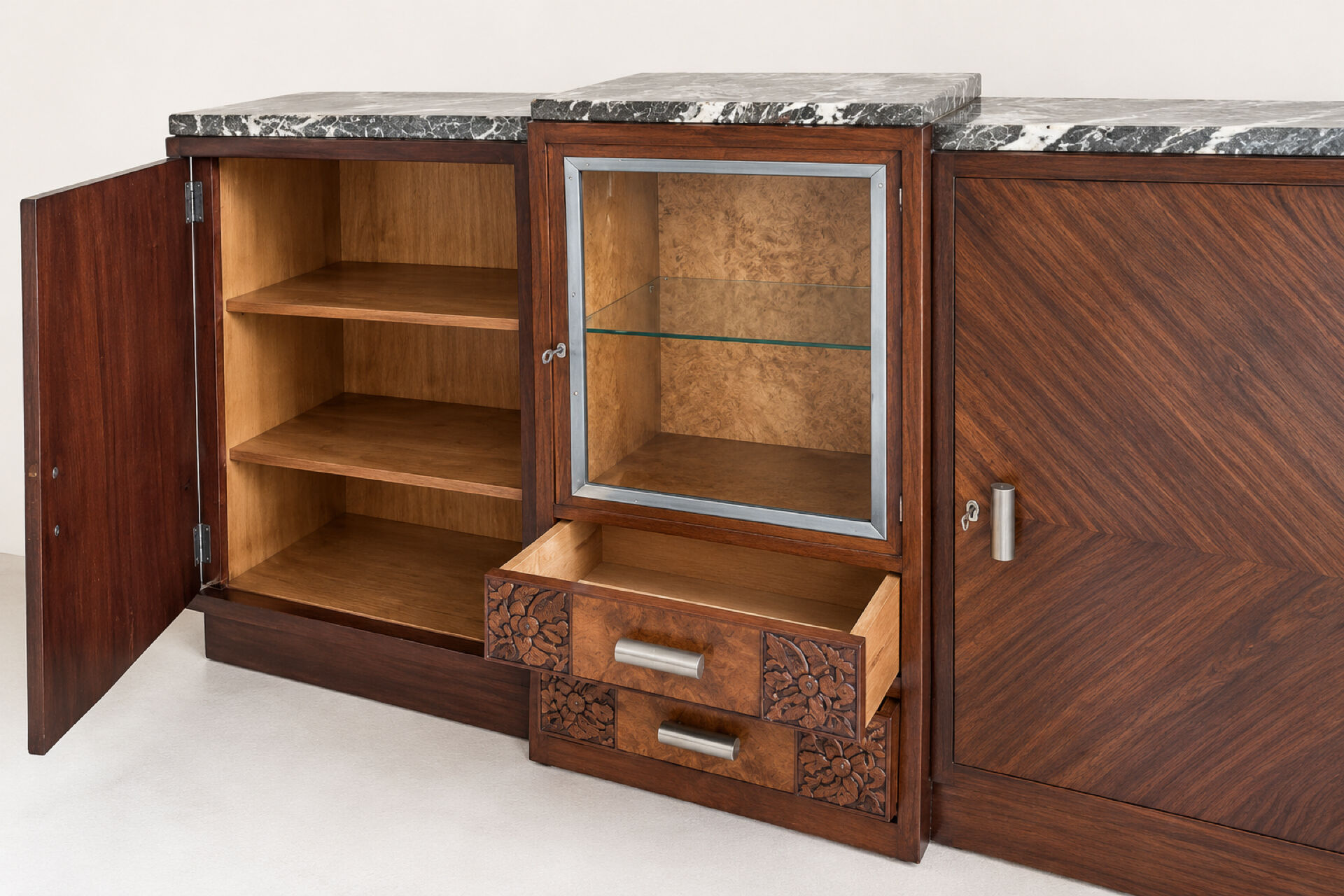 1950s Art Deco sideboard in veined wood, grey marble, and display cabinet.