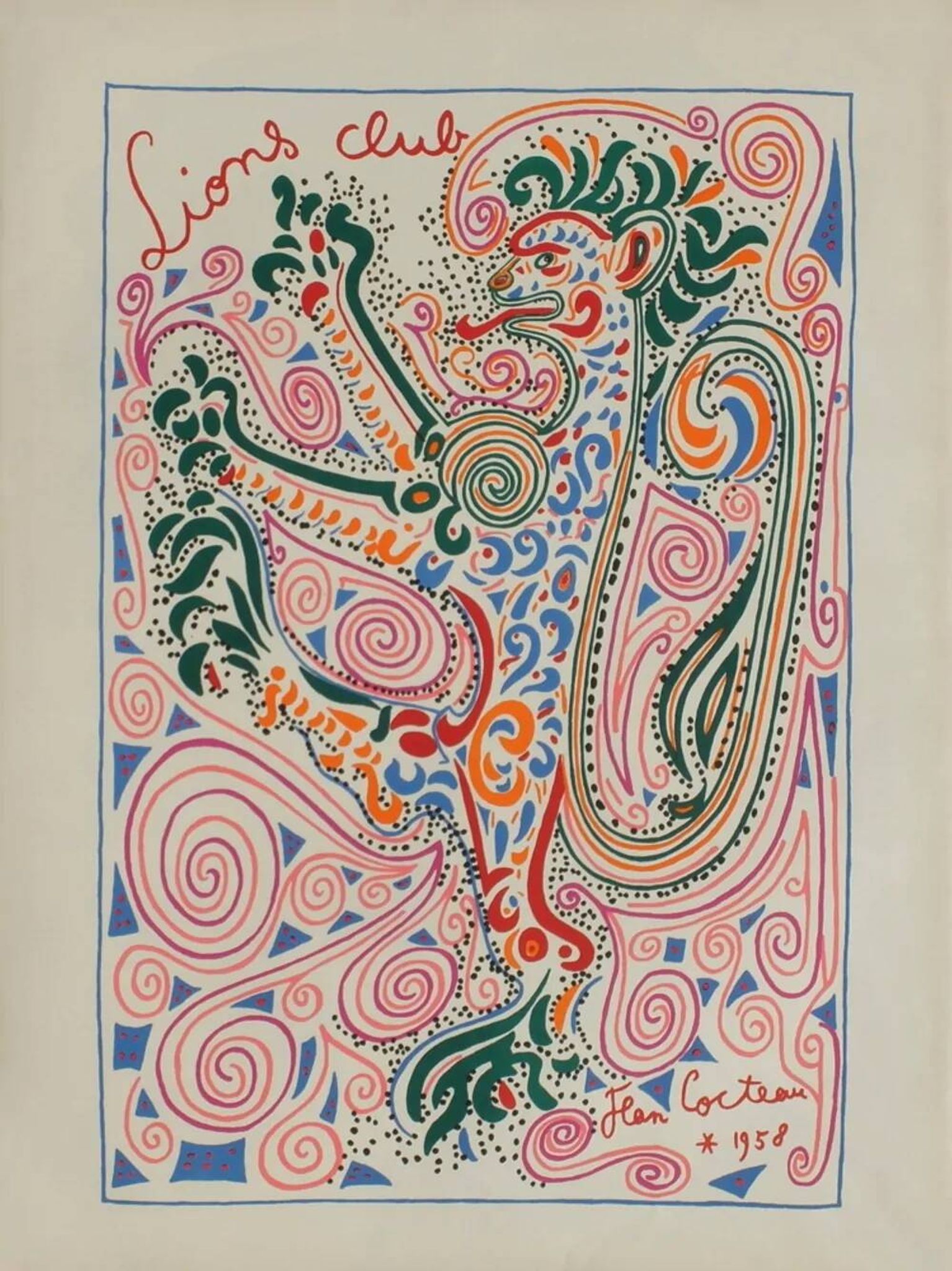 Jean cocteau - original vintage lithograph from 1958 - lions club