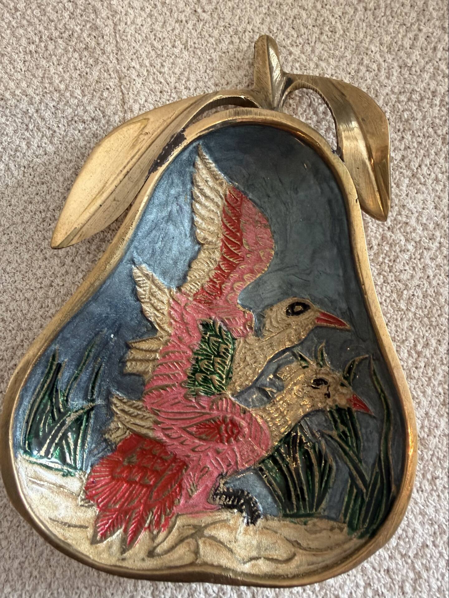 Vintage gold brass and cloisonné enamel pear trinket dish - 60s/70s