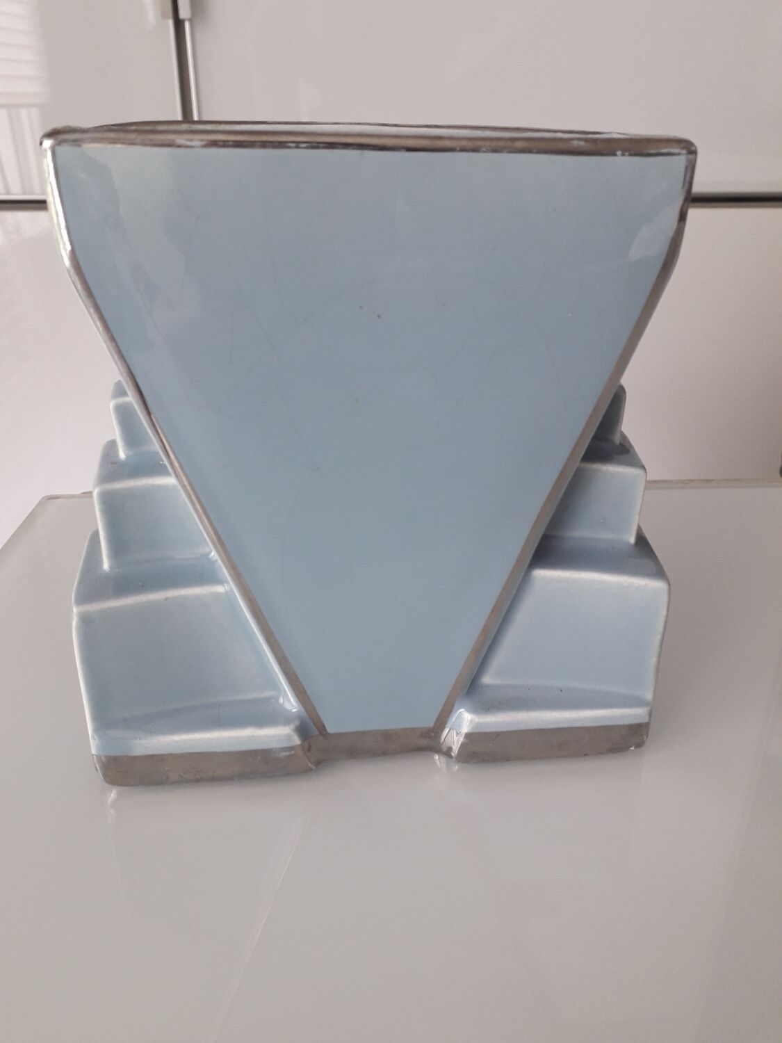 Art deco vase in sky blue and silver ceramics
