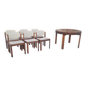 Table and its 6 vintage elm chairs, Scandinavian design furniture.