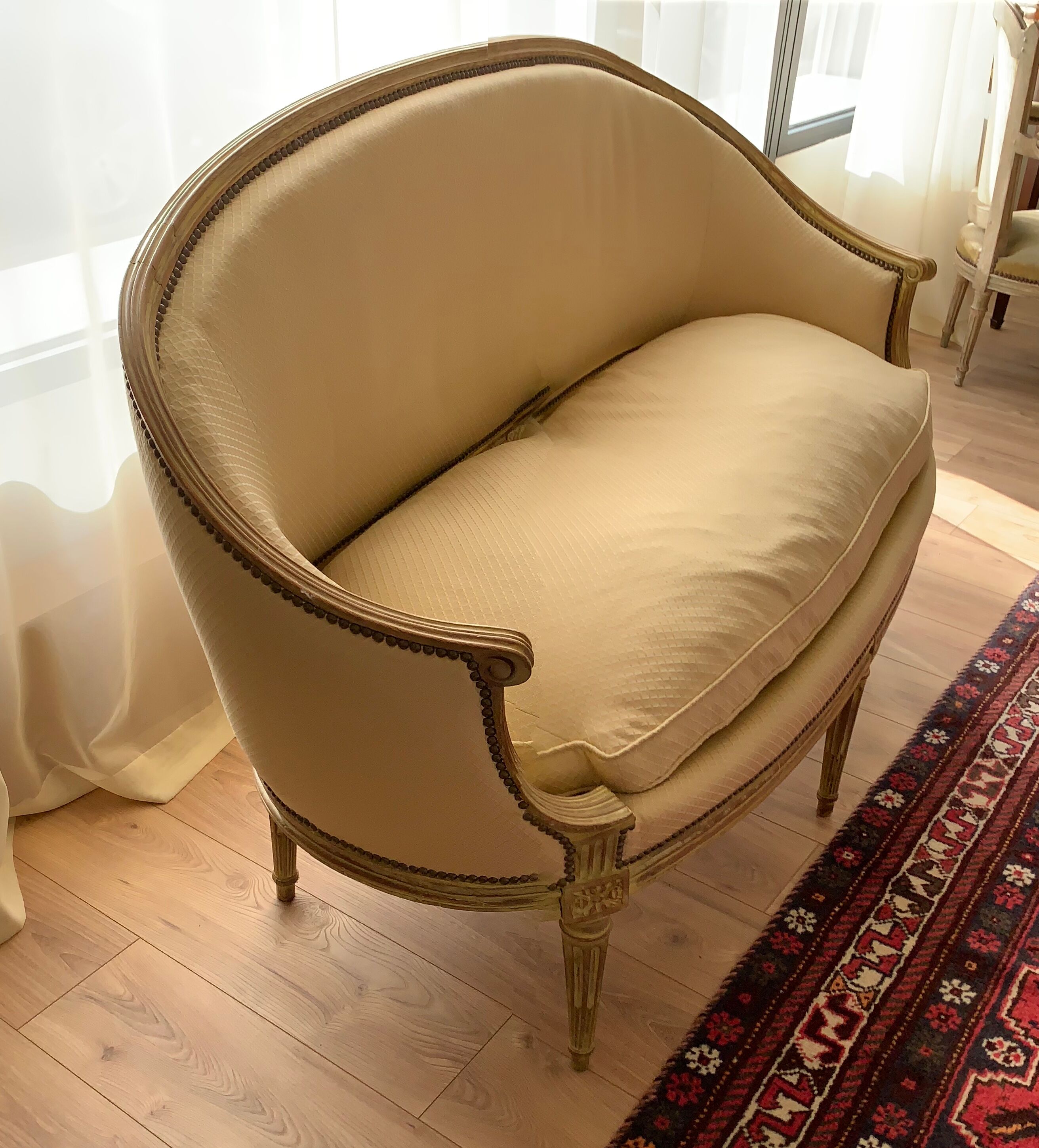 Louis XVI style patinated wooden basket sofa. Pierre Frey fabric. 19th century