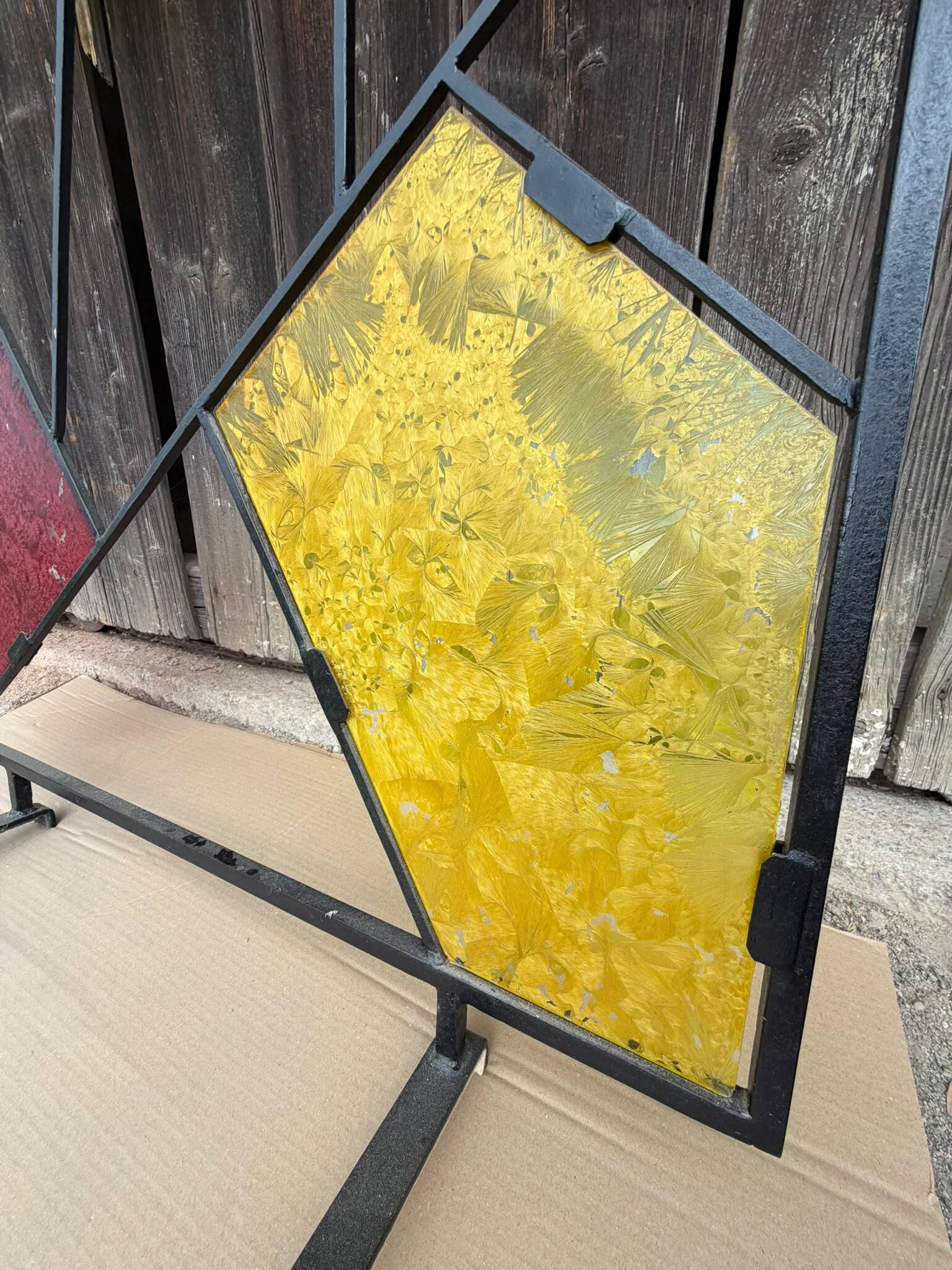 Mid-century modern geometric room divider with textured coloured glass, 1970s–1980s