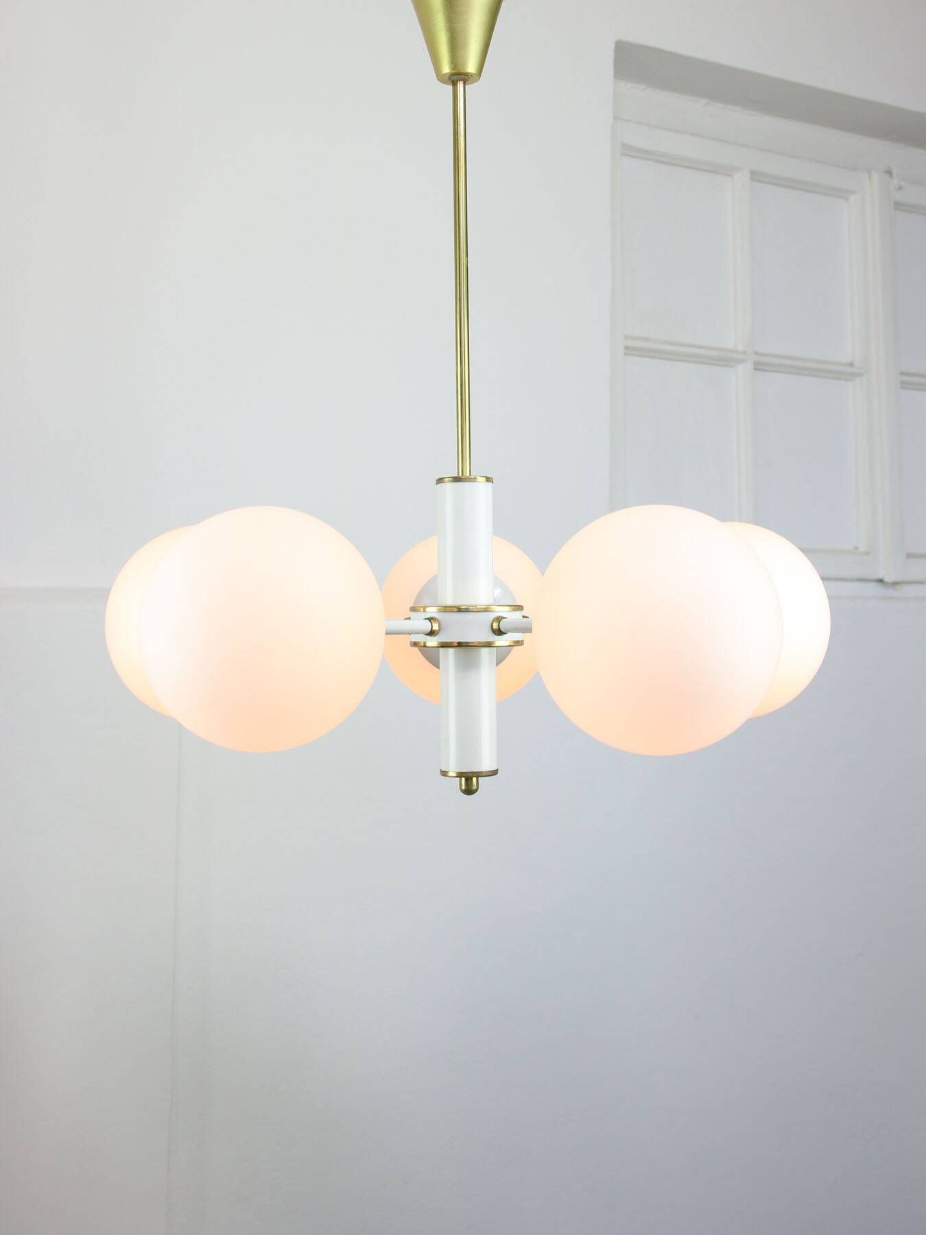 Vintage Italian Brass and Opaline Sputnik Chandelier, 1970s