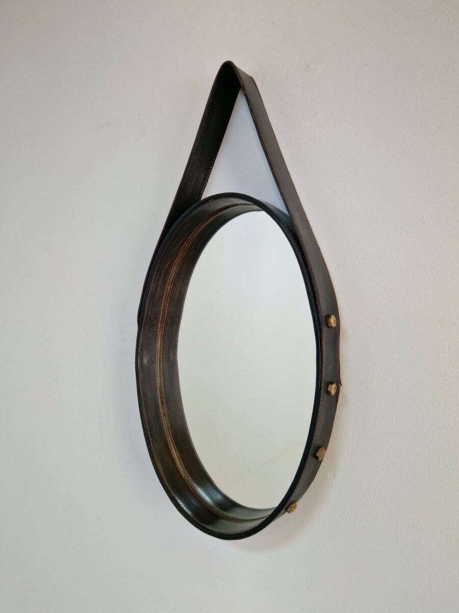 Florentine Oval Leather Mirror in Brass by Jacques Adnet, 1960s