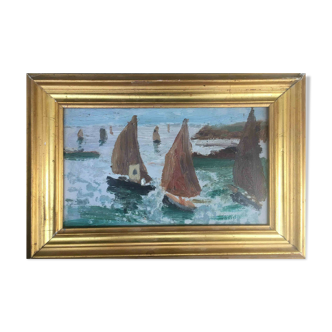 Painting Marine 1924 Doëlan "Benediction of the sea" Near Dufy + frame