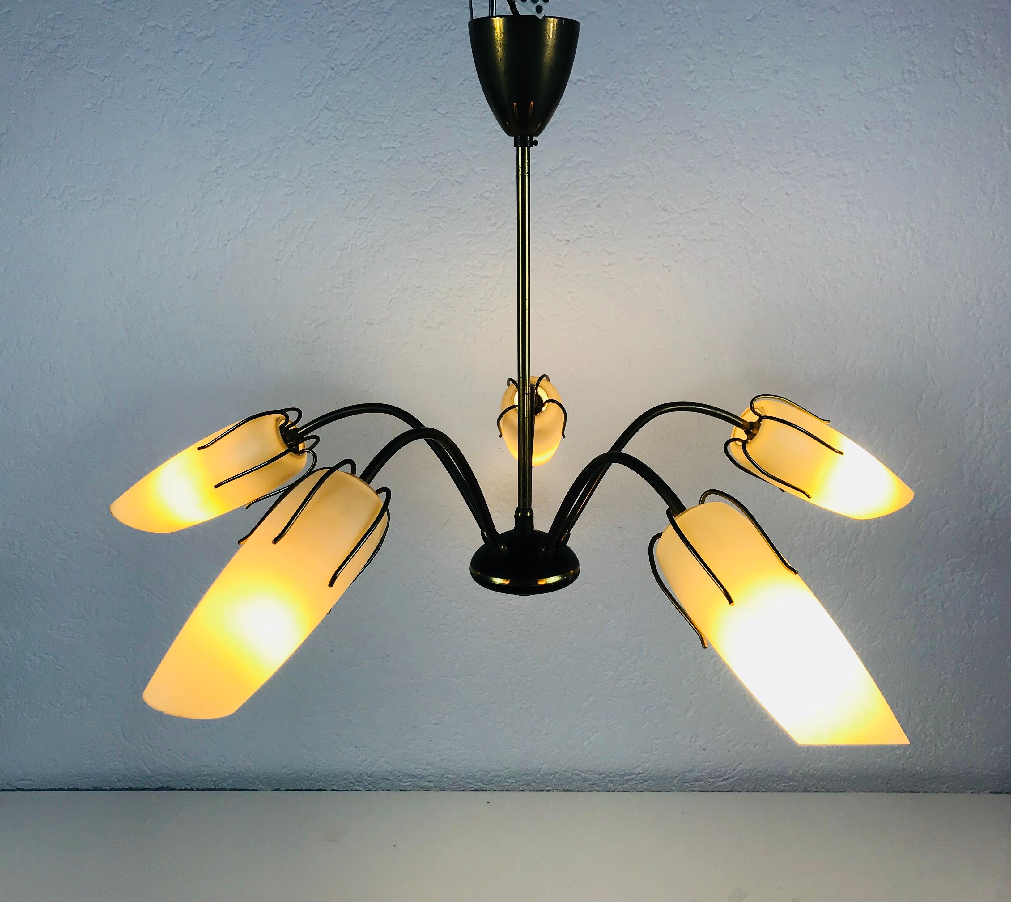 Mid century modern 5-arm opaline glass chandelier, 1950s