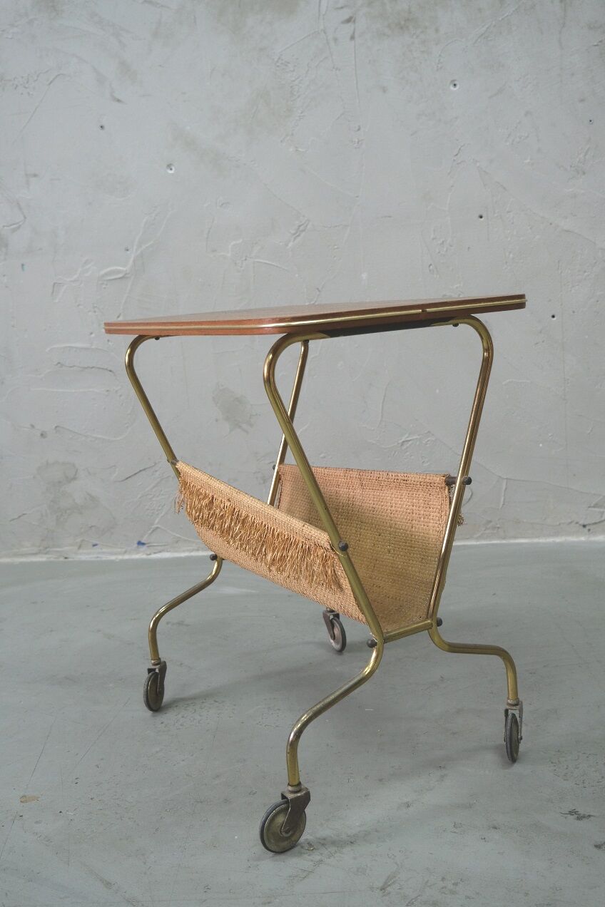 Mid-century teak and brass mobile side table with magazine holder, 1960s