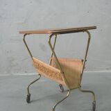 Mid-century teak and brass mobile side table with magazine holder, 1960s