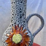Fat Lava Sea Foam Style Vase - Vallauris Style, Red Flower Pattern