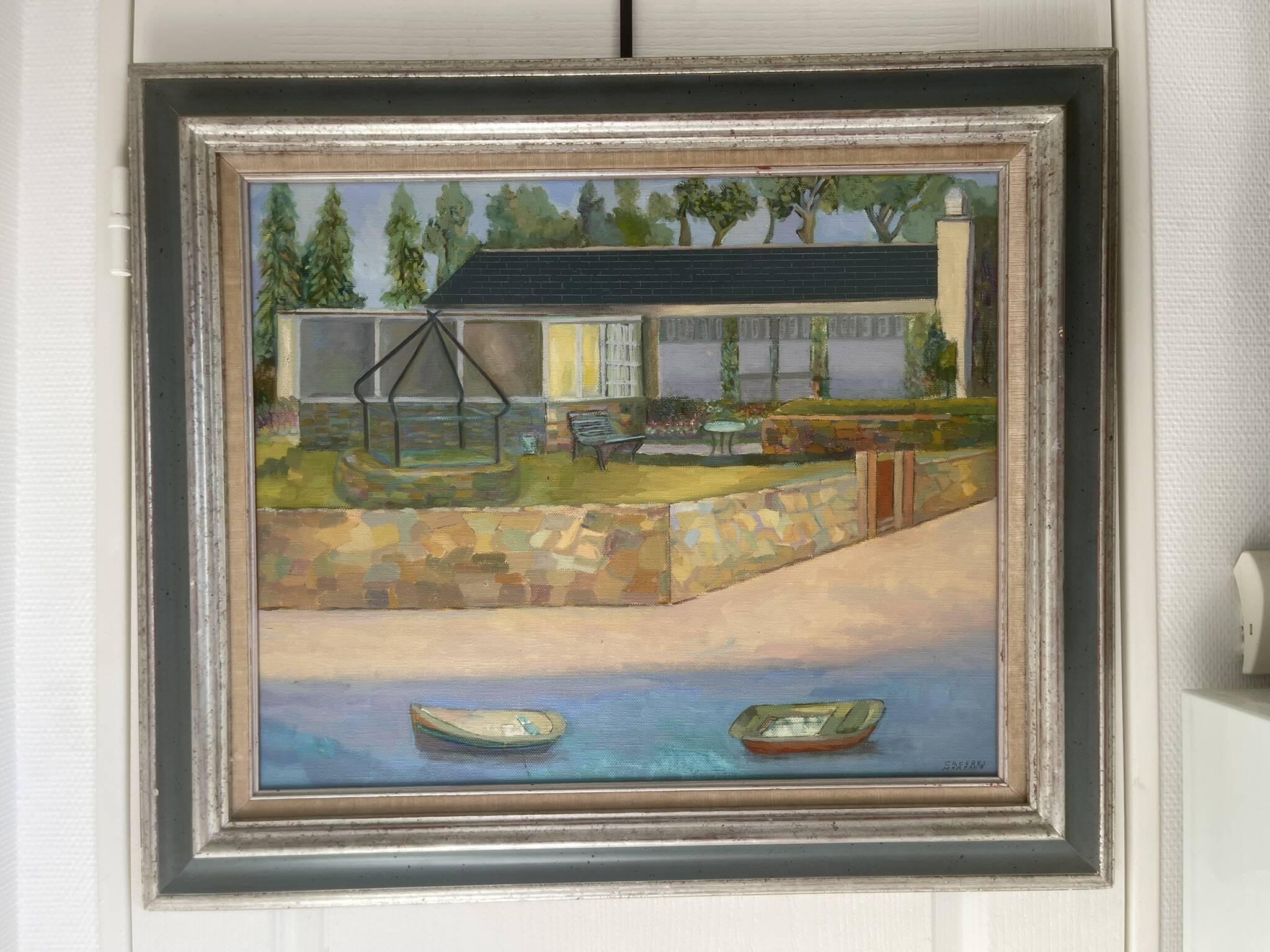 Old Oil Painting Canvas House Beach Boat Sea Village 80x70cm