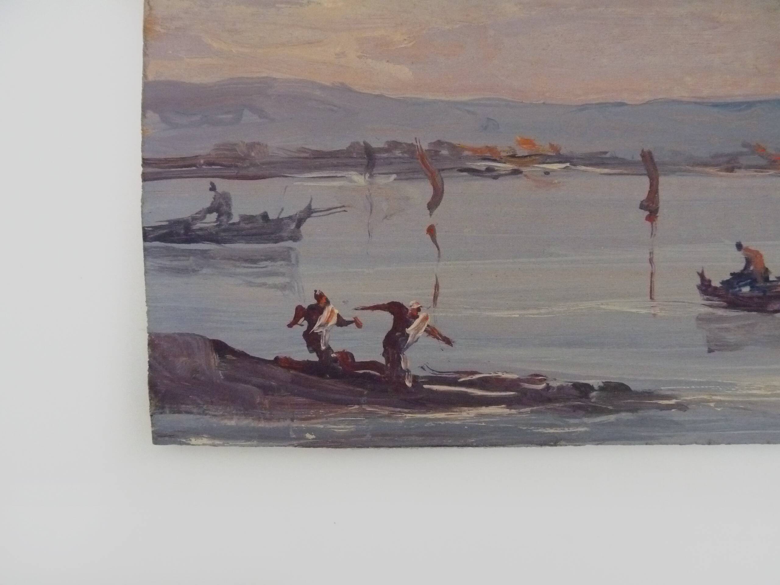 Oil on wood by Riccardo Capone fishermen Italy 50s 60s