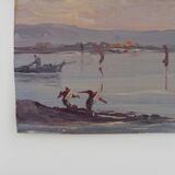 Huile sur bois de Riccardo Capone pêcheurs Italie Années 50 60