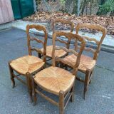Four Louis XV chairs in solid oak and straw seats, 19th century