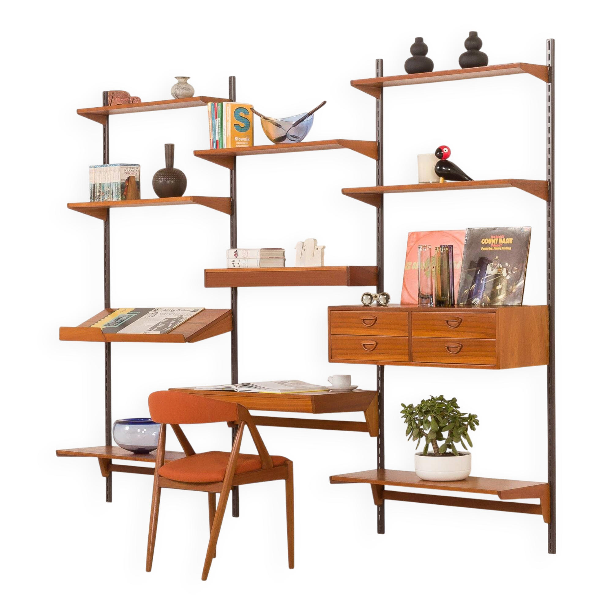 Kai Kristiansen teak wall unit with a desk and a lamp, FM Mobler, 1960s