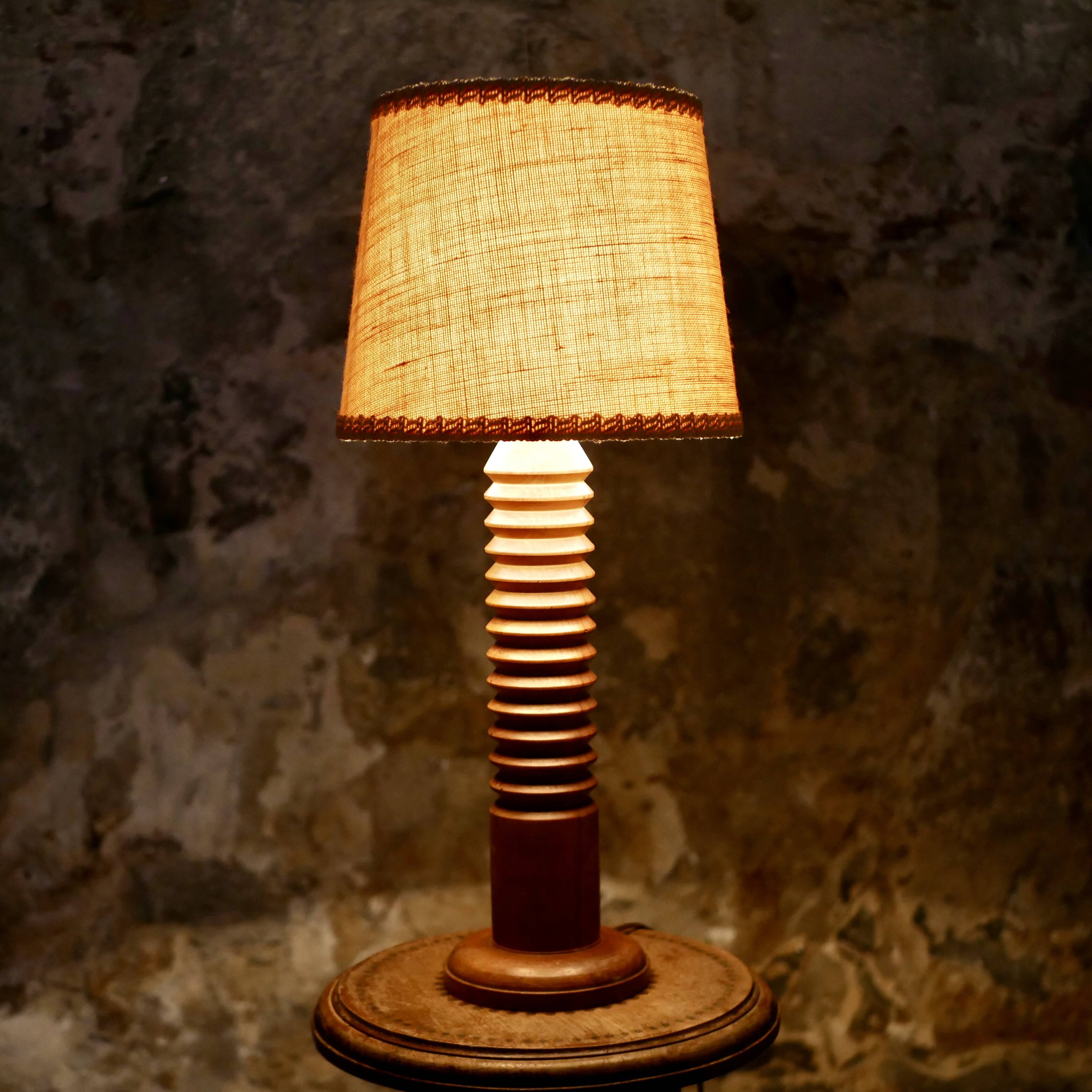 Large turned wood table lamp, France, 1950s