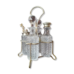 Ancien serviteur de table , 4 bouteilles pour huile vinaigre moutarde et sel, huilier et vinaigrier