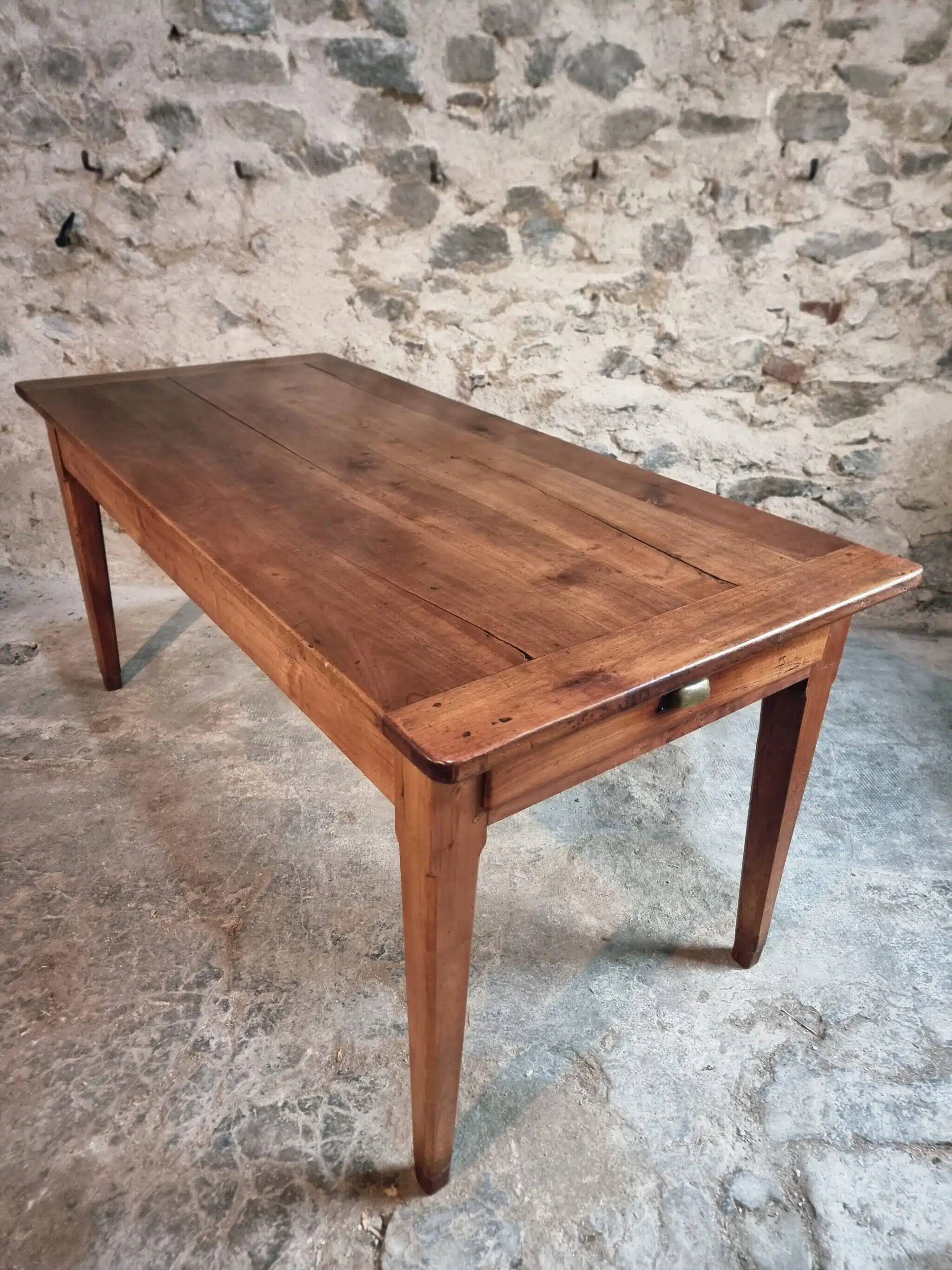 Antique French Farmhouse Table | 19th Century Cherry Wood Table with Drawer and Extension | 1880–1900 Rustic Kitchen