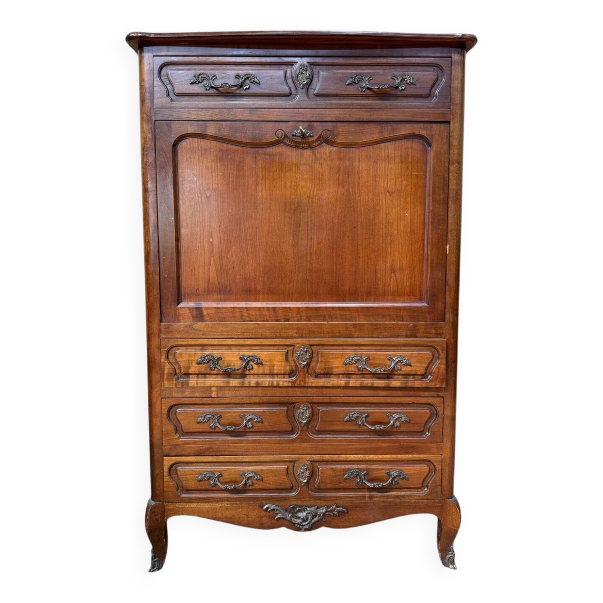 Secretary with drop-leaf in Louis XV style – Solid cherry wood – Chiselled bronze