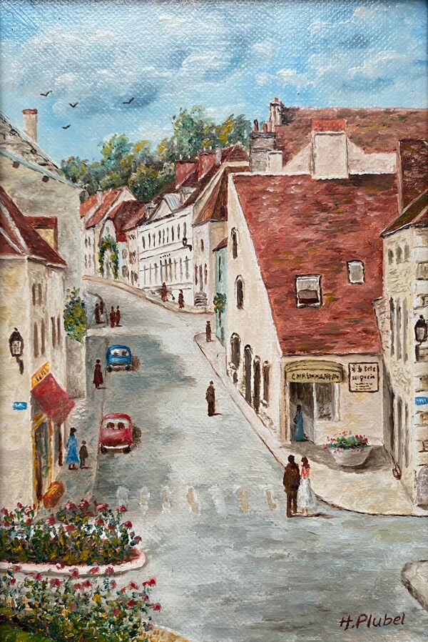 Tableau HST Henri Plubel XX° ''Grande rue de Mirebeau sur Bèze'' + cadre