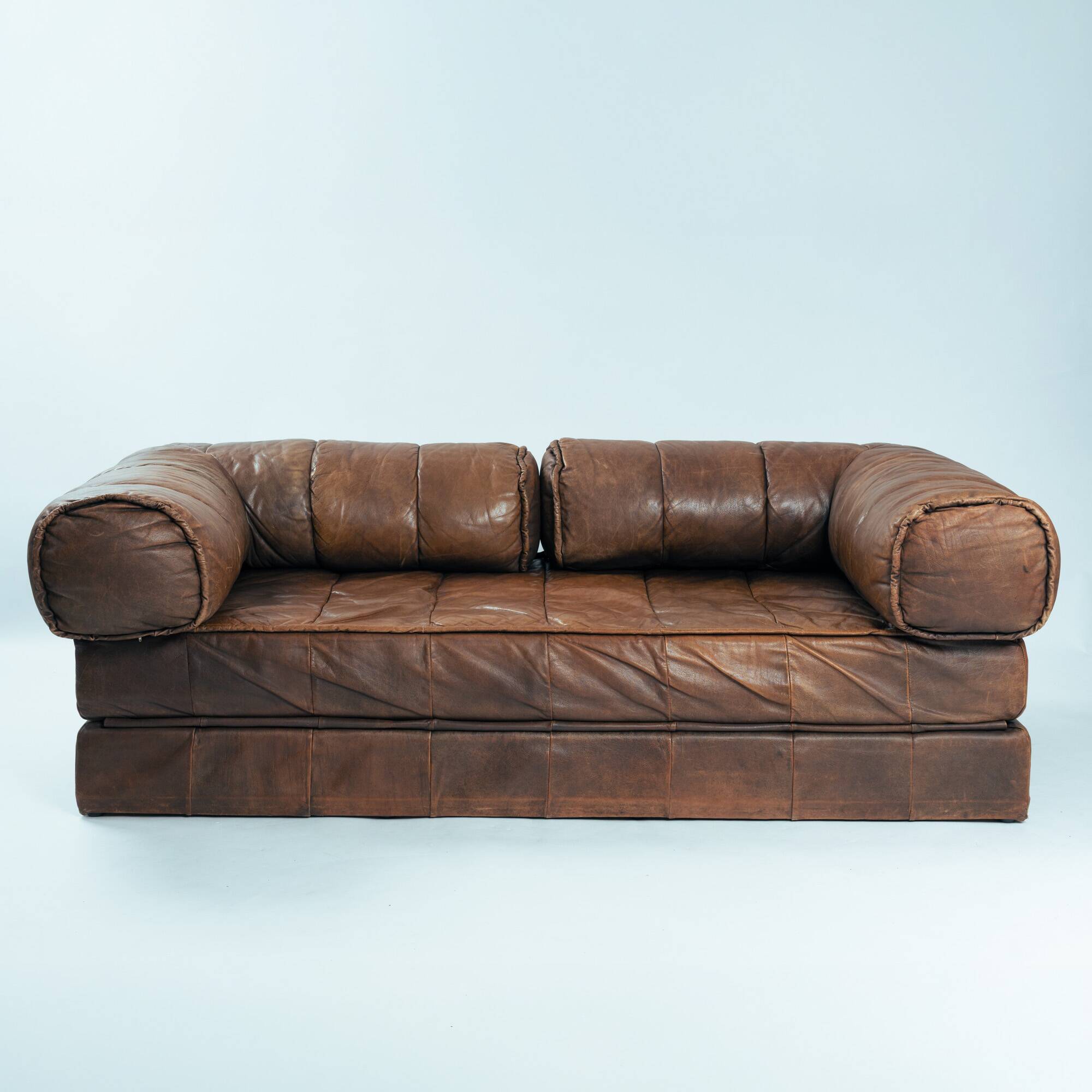 Brown Modular Leather Patchwork Sleeping Sofa Daybed, 1970s