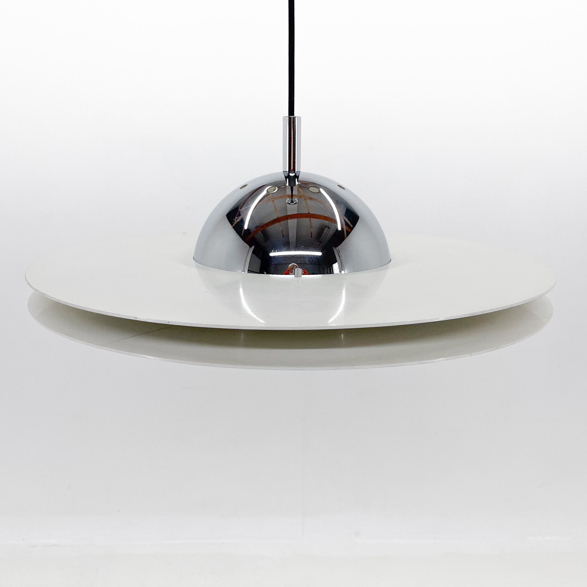 1970's ufo chrome & lacquered metal space age pendant, Italy