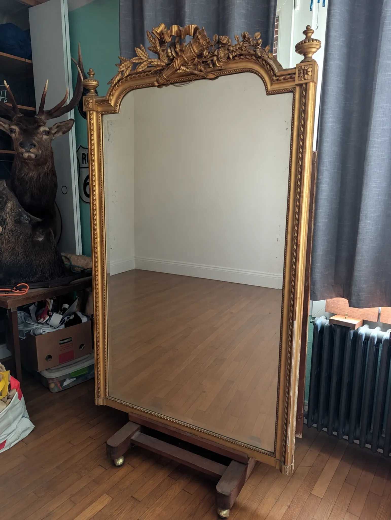 Large antique gilded fireplace mirror, Louis style