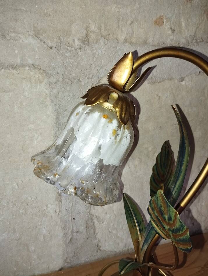 Lampe fleur vintage en laiton et verre