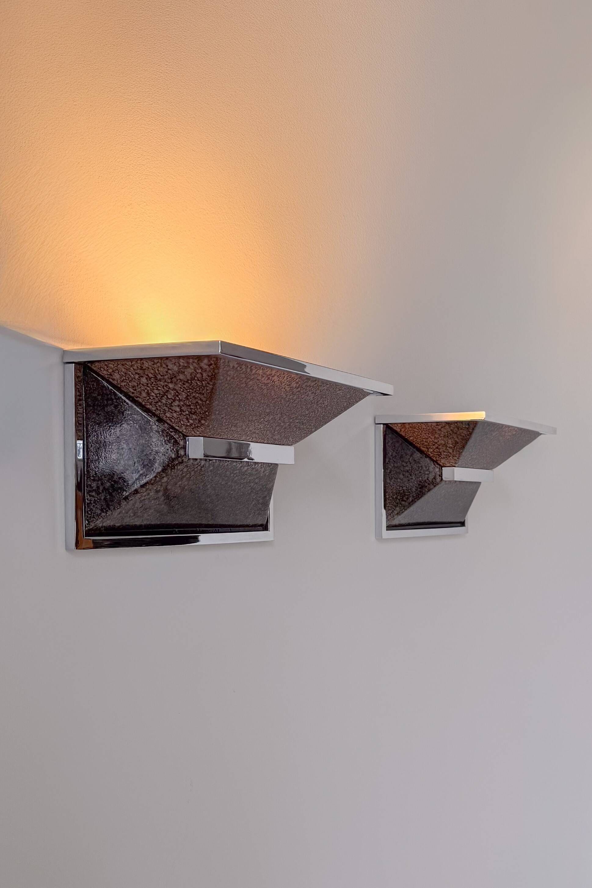 Pair of vintage wall lights, chrome and enamelled metal, France 1970.