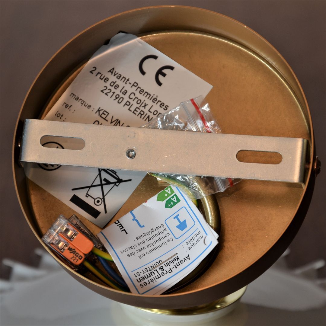 Golden articulated wall lamp, white opaline in pleated glass