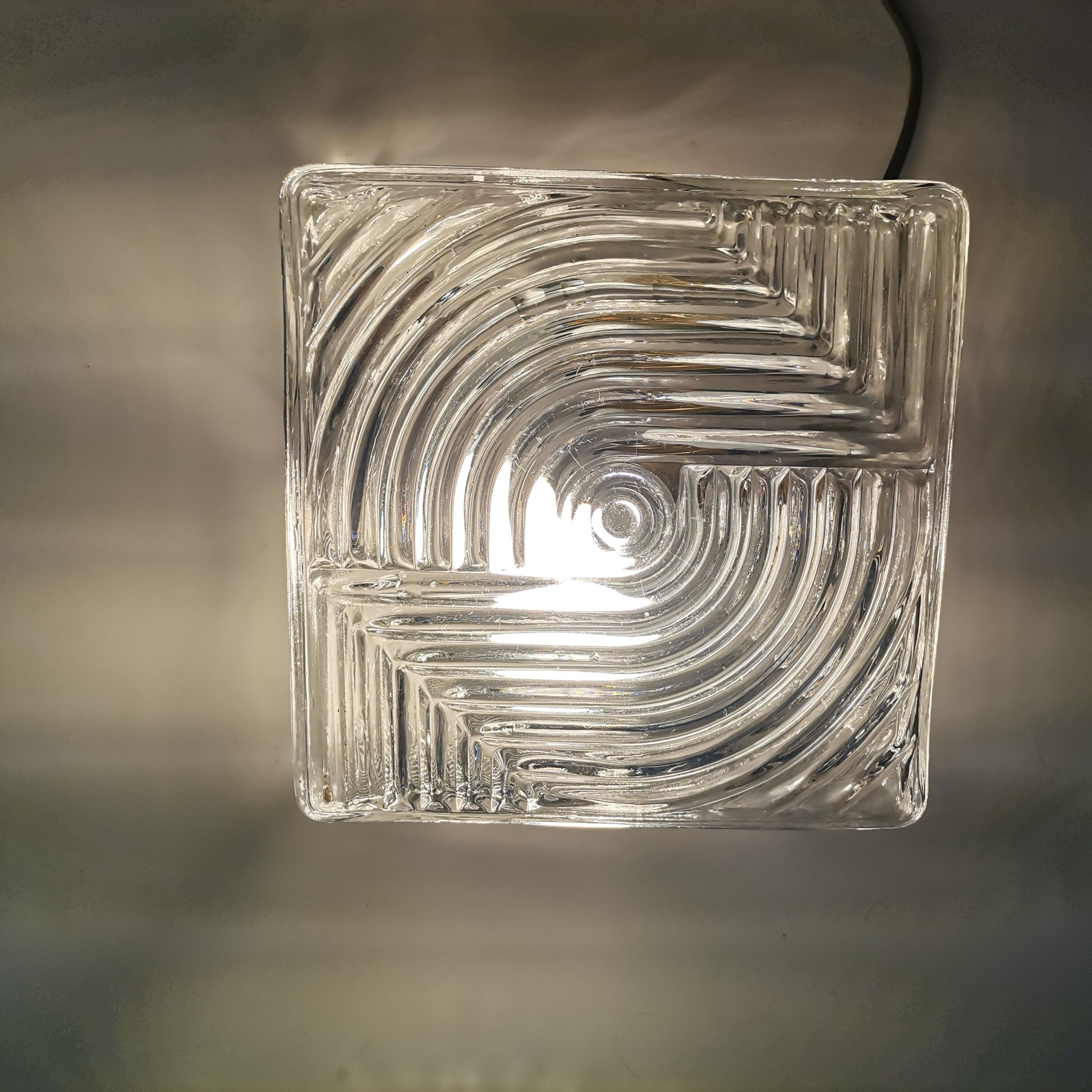 Square mid century clear ribbed glass flush mount light fixture lamp 1960s
