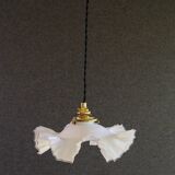 Old white glass pendant light with translucent net - circa 1930. Brass socket and new cable