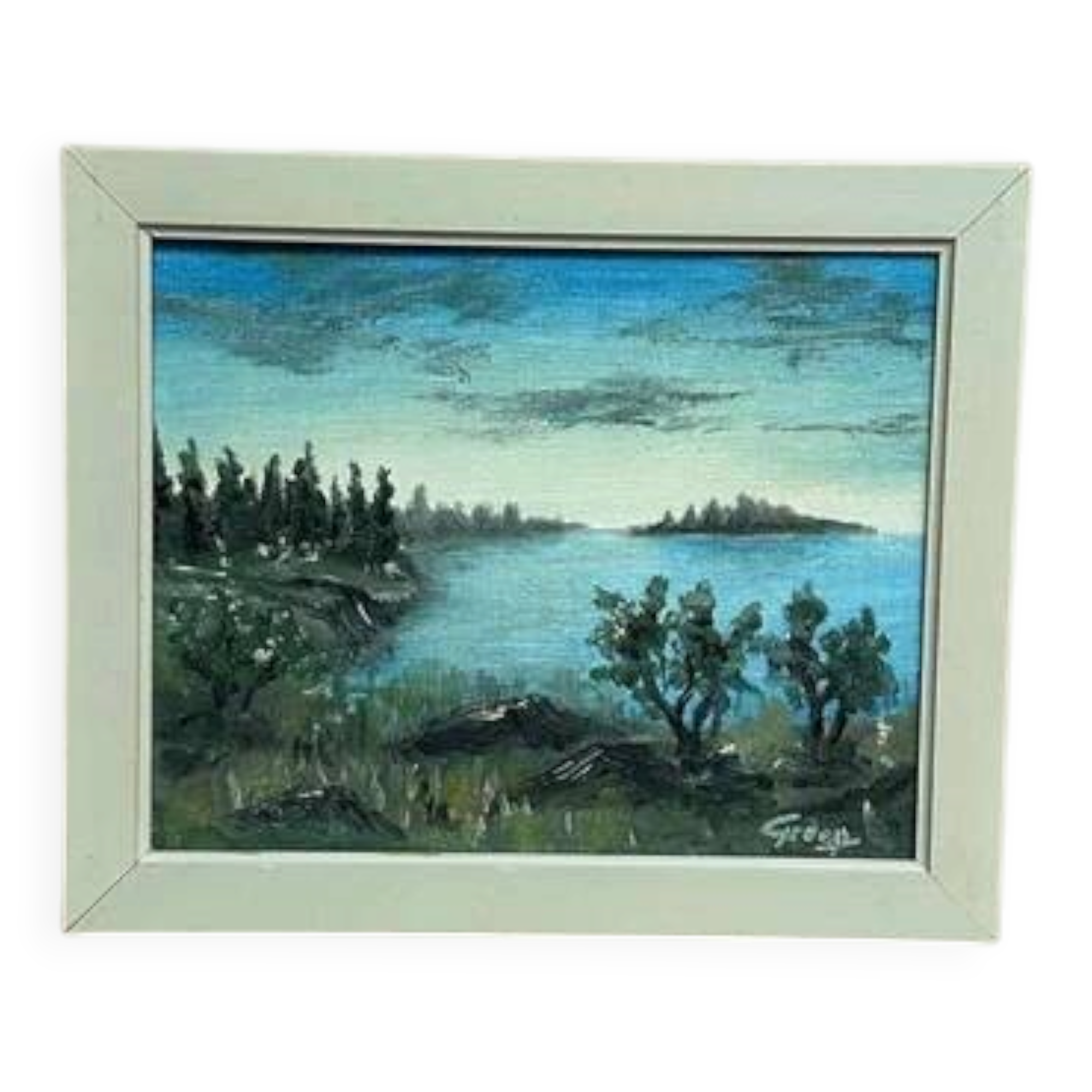 Swedish oil on canvas “Lakeside” attributed to Kulo Green, vintage & framed 29×24cm