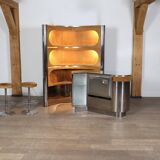 Suede and chrome dry bar with barstools in cognac, italy 1970s