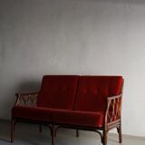 Red velour dark rattan 2-seater sofa | 1980s