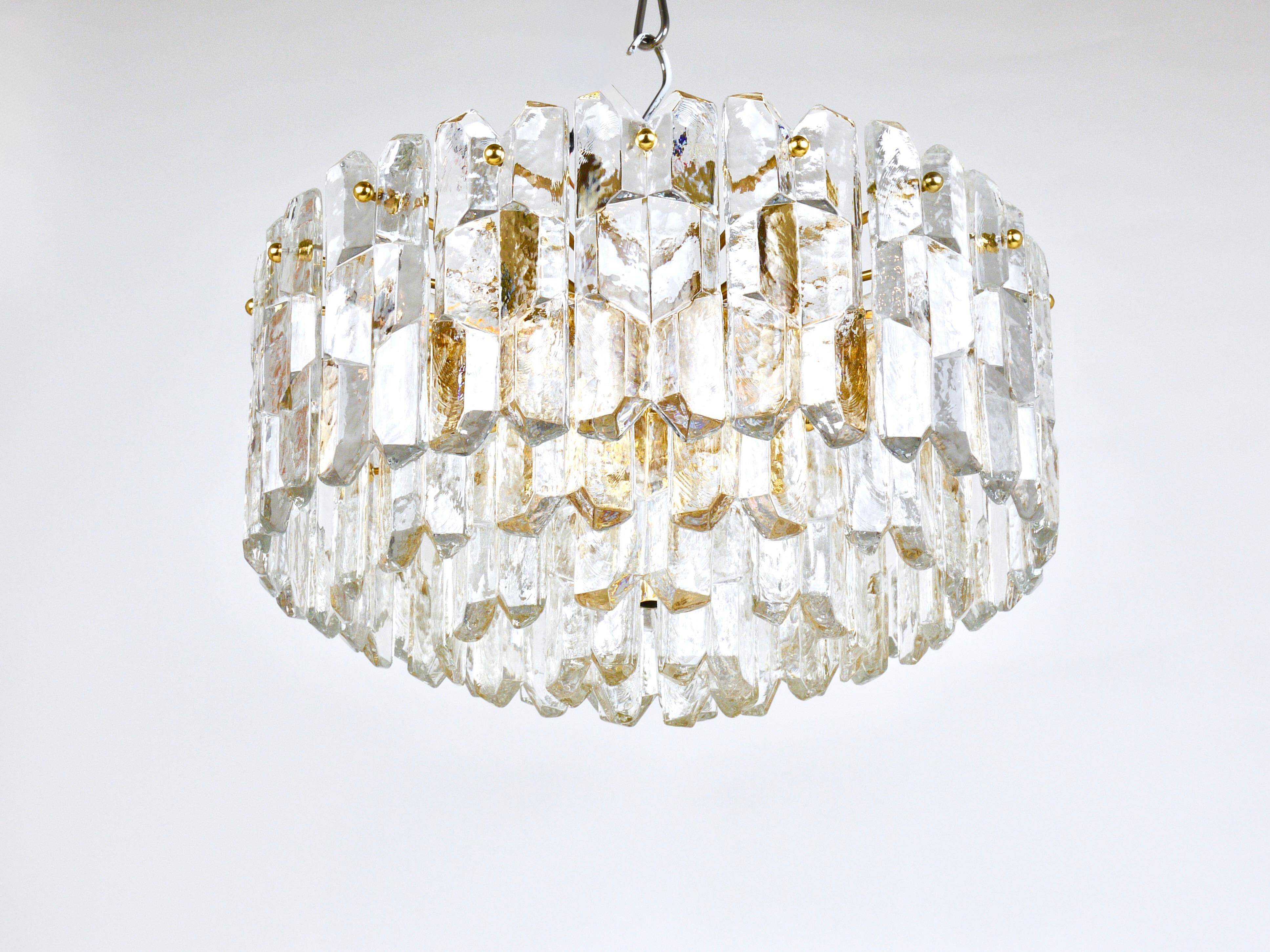 Large ceiling chandelier in gilded brass and glass Palazzo J.T. Kalmar, 1950s
