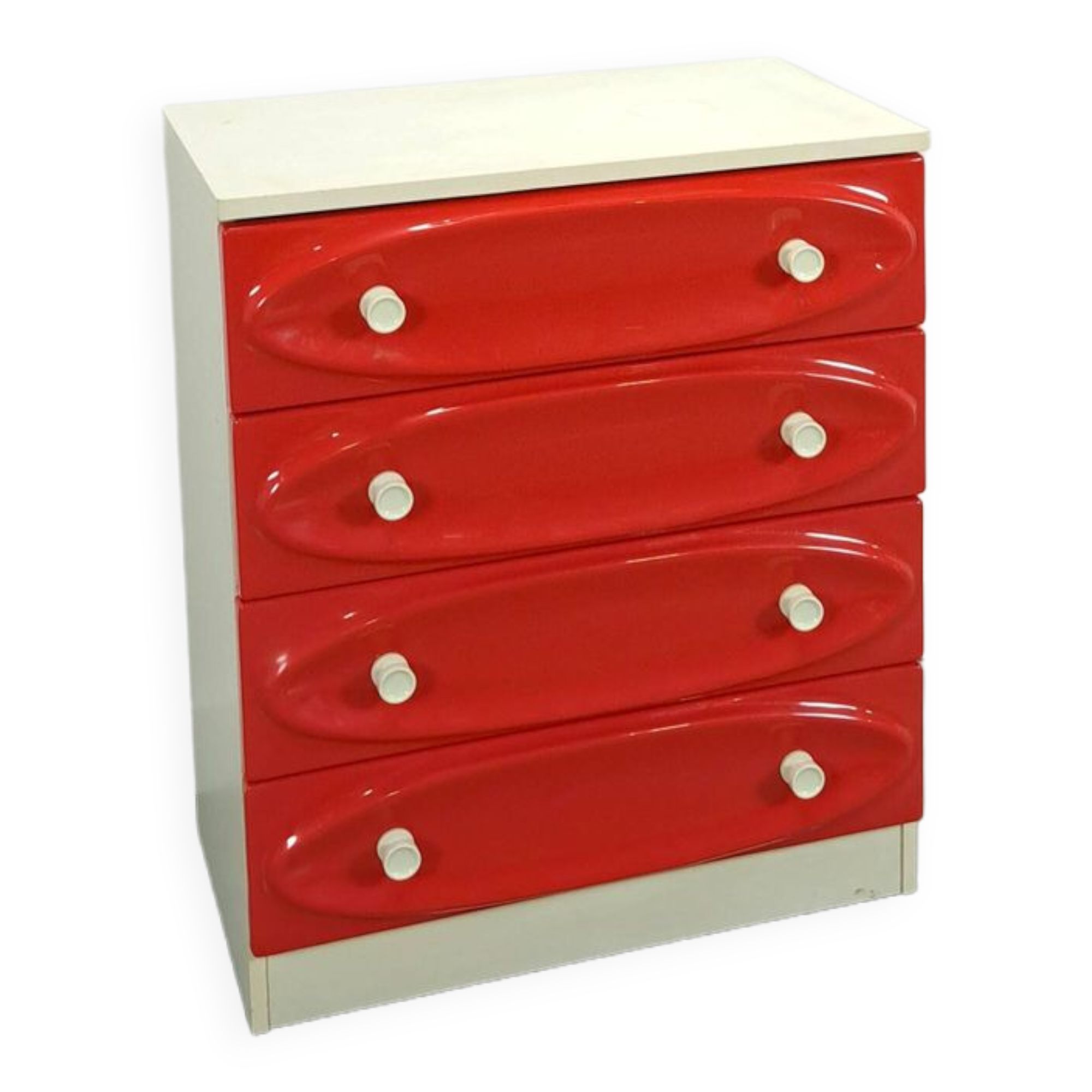 Vintage ladekast met rood roze kunststof lades 1970