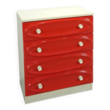 Vintage ladekast met rood roze kunststof lades 1970