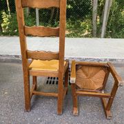 8 wooden dining chairs with straw seats, farmhouse style, high back.
