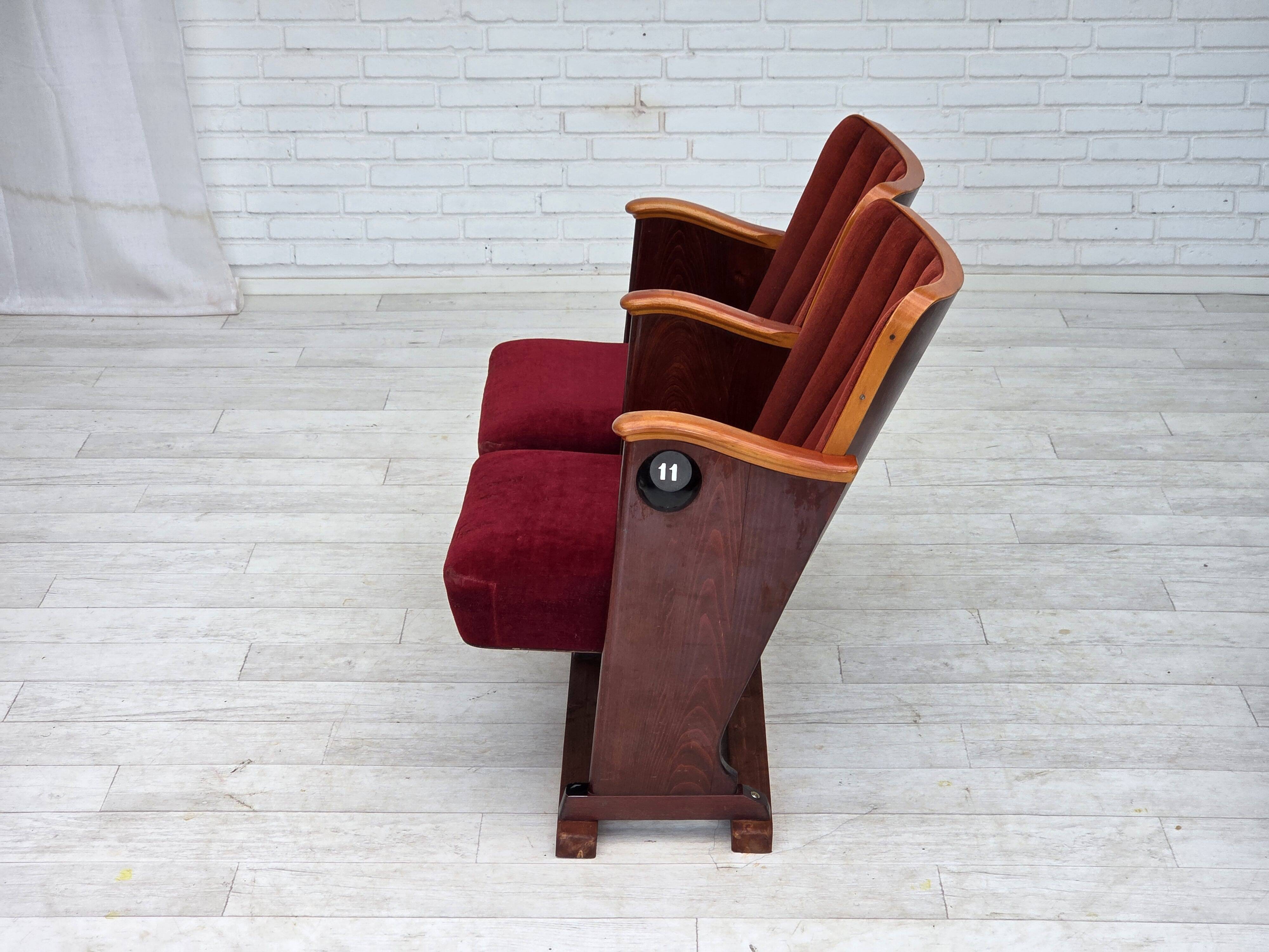 1950s, Danish theater armchairs, furniture velour, original condition.